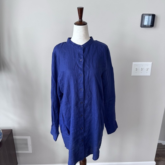Like new! Eileen Fisher Linen Button-Up Mandarin Collar Cover Up Shirt Dress - Picture 7 of 7